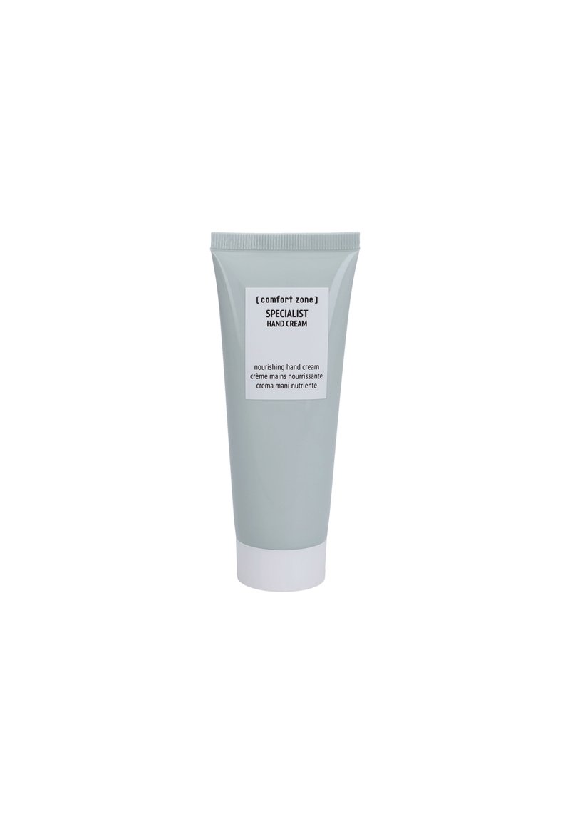 Gray tube of hand cream with a white cap, featuring a simple label that reads "SPECIALIST HAND CREAM" in bold black text.