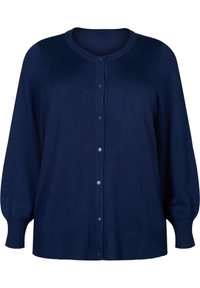 Námořnická modrá cardigan s dlouhým rukávem, kulatým výstřihem, zapínáním na knoflíky vpředu, žebrovanými manžetami a lemem.