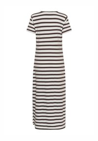 Robe maxi à manches courtes avec rayures horizontales marron et blanc et fente latérale, vue de dos.