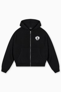 Black ribbed zip-up hoodie with a drawstring hood, two front pockets, and a white embroidered logo on the left chest. Soft texture.