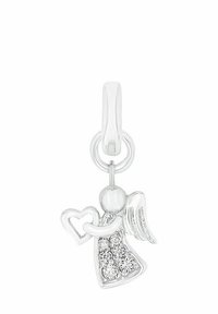 Silverängelberlock med vingar och kristalldetaljer, som håller en liten hjärtform, fäst vid en ring och spänne.