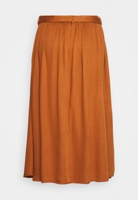 Rust orange midi skirt with pleats and matching thin belt at the gathered waistband, displayed on a plain background.