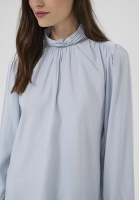 Žena s dlouhými hnědými vlasy, oblečená v světle modré blůze s vysokým límcem a sklady na dlouhých rukávech, na neutrálním pozadí.