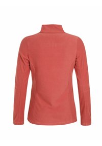 Fleece pullover i koralrød, med høj krave, lange ærmer, glat tekstur og tætsiddende design uden lommer eller udsmykninger.