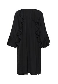 Rochie neagră cu mâneci scurte și volane accentuate pe decolteu și mâneci, având un design lejer și fluid, cu o textură fină.
