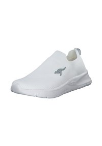 White slip-on shoes with a textured fabric upper, flexible sole, and a small gray kangaroo logo on the side. Round toe and pull tab at heel.