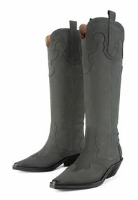 Gray suede western boots with a pointed toe and decorative stitching. Features include a slightly elevated heel and pull tabs at the top.
