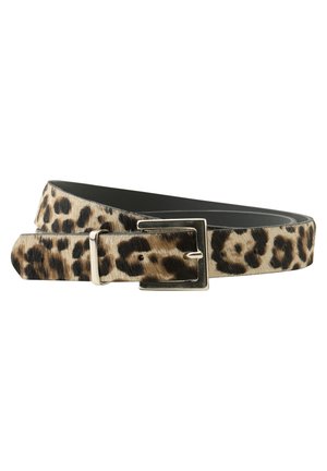 Gürtel mit Leopardenmuster und eckiger goldener Schnalle, aufgerollt mit sichtbarem schwarzem Innenfutter.