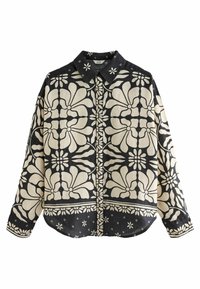 Czarna koszula z długim rękawem w kremowy wzór kwiatowy, z kołnierzykiem, charakteryzująca się luźnym krojem i zapięciem na guziki. Teksturowany materiał z wyrazistymi wzorami.