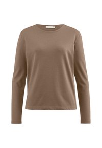 T-shirt marron à manches longues en matériau doux et lisse, avec un col rond et un ourlet droit ; design simple et sans décoration.