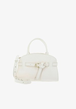 Witte leren handtas met bovenhandvatten, verstelbare schouderriem en voorste riemdetail met gesp in goudkleur.