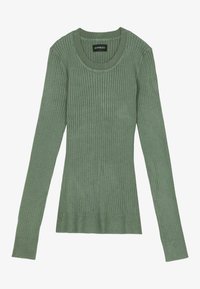 Langärmliges, geripptes Strickoberteil in einem weichen, gedämpften Grünton. Es verfügt über einen gerundeten Ausschnitt und enganliegende Bündchen mit einer glatten Textur.