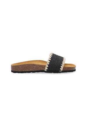 Black slip-on sandal featuring a woven strap with beige accents, cork footbed, and textured outsole for grip. Simple, flat design.