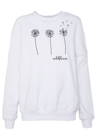 Felpa bianca con un grafico di tre dente di leone con dettagli dei semi e la parola "wildflower" ben in evidenza. Tessuto morbido, vestibilità rilassata.