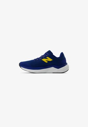 Scarpe sportive blu con una tomaia in rete testurizzata, caratterizzate da un logo giallo "N", una intersuola bianca ammortizzata e una suola in gomma nera.