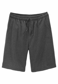 Gray cotton shorts with an elastic waistband, drawstring, and side pockets; smooth texture and knee-length design.