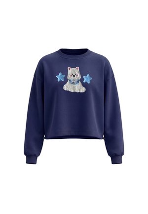 Marineblå sweatshirt med lange ærmer, med en hvid fluffy hund med lyserøde ører og en blå sløjfe, flankeret af to lyseblå stjerner.