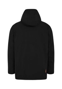 Schwarze Kapuzenjacke mit geradem Schnitt, glatter Textur und minimalistischem Design. Verfügt über ein orangefarbenes Etikett an der unteren Seite.