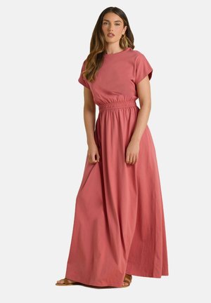 Robe maxi en rose poussiéreux, à manches courtes et avec une taille élastique. Fabriquée dans un tissu léger avec une silhouette fluide.