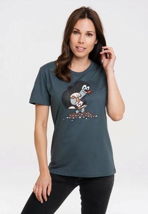 Dark gray cotton t-shirt featuring a cartoon mole character digging in soil with a shovel, displayed on the front of the shirt.