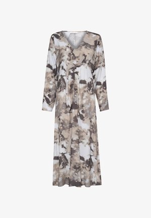 Hosszú ujjú ruha barna és bézs absztrakt mintával, könnyű anyagból készült. V nyakkivágással és ráncolt derékrésszel rendelkezik.