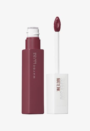 Maybelline Super Stay Matte Ink Lippenfarbe in dunklem Burgunder, verpackt in einem rechteckigen burgunderfarbenen Behälter. Enthält einen weißen Applikator mit einer beflockten Spitze.