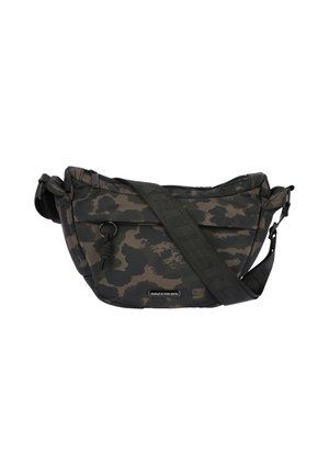 Borsa a tracolla camouflage nera e verde scuro con tracolla regolabile, tasca frontale con zip e logo Skechers sul davanti al centro.