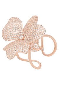 Rose gold flower ring adorned with clear crystals, featuring a petal design, smooth curves, and an open band for adjustable fit.