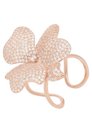 Rose gold flower ring adorned with clear crystals, featuring a petal design, smooth curves, and an open band for adjustable fit.