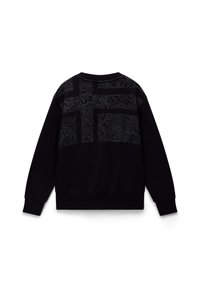 Černá mikina s dlouhým rukávem a jemným texturovaným abstraktním vzorem na horní části zad, kulatý výstřih a žebrované manžety a lem.