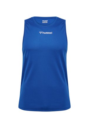 Mouwloze sporttop in levendig blauw, gemaakt van een soepele, lichte stof. Kenmerkt zich door een ronde hals en een wit logo dat centraal op de borst is geplaatst.