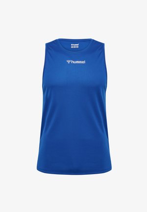 Ærmeløs atletisk top i vibrant blå, lavet af et glat, letvægtsstof. Har en rund halsudskæring og et hvidt logo centralt placeret på brystet.