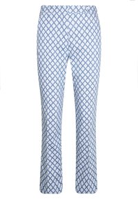 Pantalon à motifs bleu clair et blanc, présentant un motif géométrique, une coupe droite, et une texture de tissu lisse.