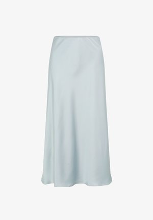 Lichtblauwe, hoog getailleerde, enkellange satijnen rok met een gladde textuur en subtiele vloei aan de zoom.
