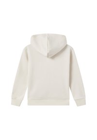 Kremowa, długosleeve'owa bluza z kapturem, z prążkowanymi mankietami i ściągaczem w talii, pokazana z tyłu na białym tle.