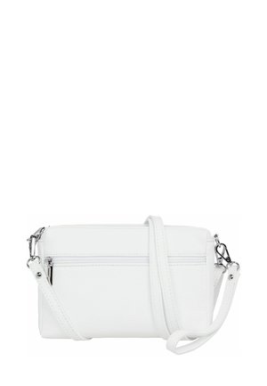 White crossbody bag made from textured leather, featuring two zippered pockets and a detachable strap with silver hardware accents.