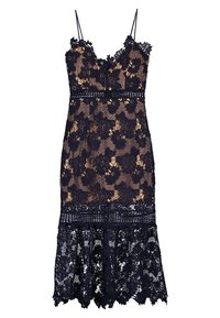 Námořnické krajkové šaty s jemnými květinovými vzory, nastavitelné špagetové ramínka a vrstvený krajkový lem. Poloprůhledná látka se fitted živůtkem.