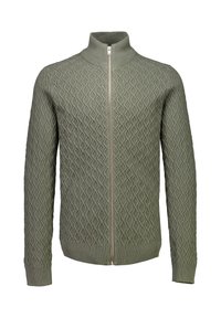 Olivgrön stickad cardigan med diamantmönster, fullständig dragkedja fram, ribbade mudd och krage, hög krage design.