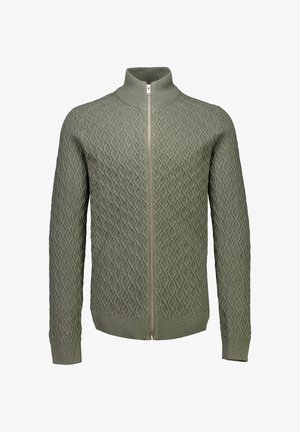 Olivgrüner gestrickter Cardigan mit Rautenmuster, durchgehender Reißverschluss, gerippte Bündchen und Kragen, hoher Kragenstil.