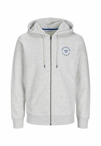 Lysegrå zip-up hoodie lavet af blødt materiale. Har en hætte med snor, ribbede manchetter og et cirkulært blåt logo på venstre bryst.