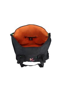 Borsa nera con interno arancione, chiusura a zip, dettagli verdi e logo "Discovery". Morbida al tatto e con manici robusti.