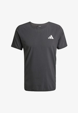 Men's black athletic T-shirt with a crew neck, featuring a perforated design and white logo on the left chest. Made of lightweight fabric.