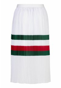 Weißer plissierter Rock mit grünen und roten Streifen am Saum. Elastischer Bund und glatte Textur, geeignet für lässige Outfits.