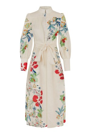 Blomstret kjole i let stof med flerfarvede blomsterprint, høj krave, knaplukning foran og bundet bælte i taljen. Lange ærmer.