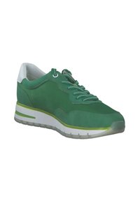Grüne Sneakers mit einem glatten Obermaterial aus Stoff, weißen Fersenklappen, gepolstertem Zungenbereich und strukturierten Schnürsenkeln. Sie haben eine weiße und grüne Sohle mit Profil.