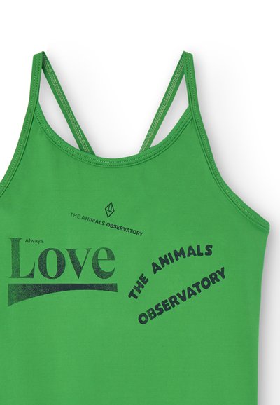 Grön ärmlös topp med tunna axelband, med svart tryckt text "Always Love" och "THE ANIMALS OBSERVATORY" i varierande teckenstorlekar.