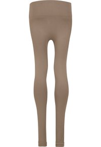 Leggings marron ajustés avec une taille haute. Texture lisse et matière extensible. Pas de motifs visibles ni de matériel. Idéaux pour le superposition.