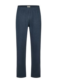 Marineblauwe, elastische taille, lange broeken gemaakt van zachte stof; gladde textuur zonder zichtbare patronen of accenten.