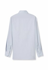 Hellblaues Langarmhemd mit strukturiertem Muster, Button-Down-Kragen und Ein-Knopf-Manschetten. Rückansicht mit geradem Saum.