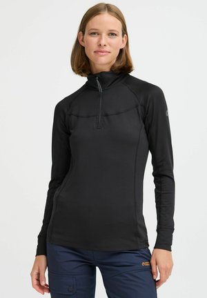 Black long-sleeve top with a quarter-zip collar, fitted design, and contrasting stitching. Soft, stretchy fabric with athletic cut.